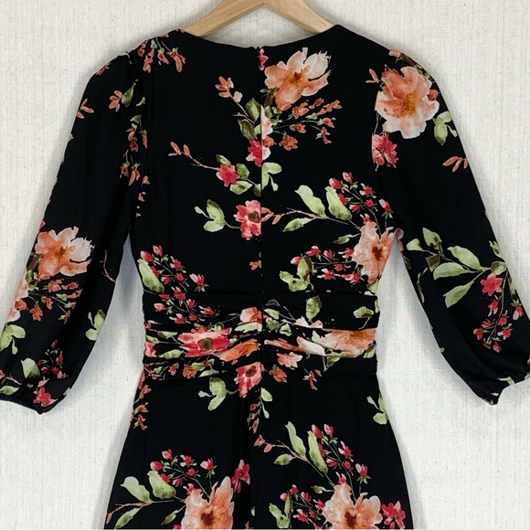 Aqua~NWT~Womens 3/4 Sleeve Deep V-Neck Black Feminine Floral Mini Dress~Sz XS‎ - Picture 8 of 15